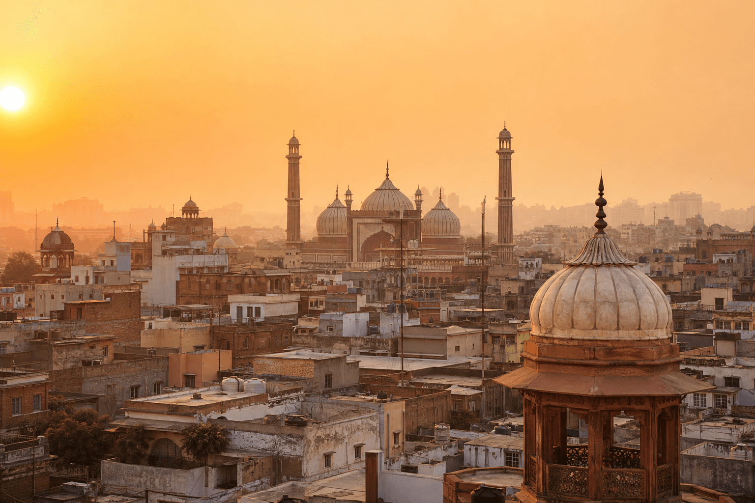 Historic New Delhi skyline at golden hour